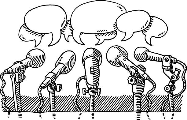 Microphones Press Speech Bubbles Drawing Hand-drawn vector drawing of some Microphones at a Press Conference and Speech Bubbles. Black-and-White sketch on a transparent background (.eps-file). Included files are EPS (v10) and Hi-Res JPG. microphone drawings stock illustrations