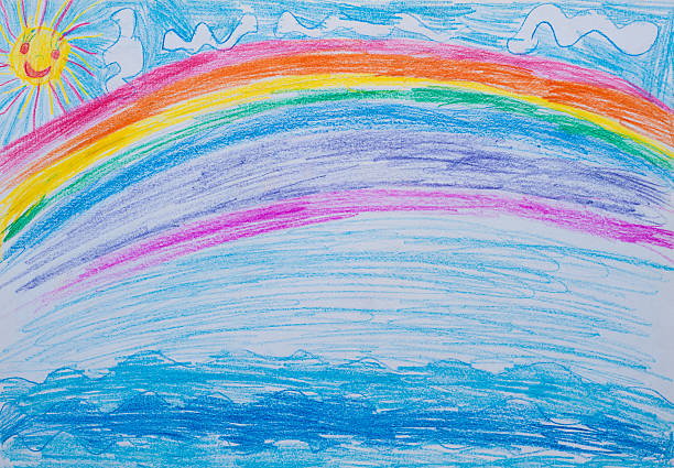 istock Children's drawing of rainbow, sun and ocean 463424645