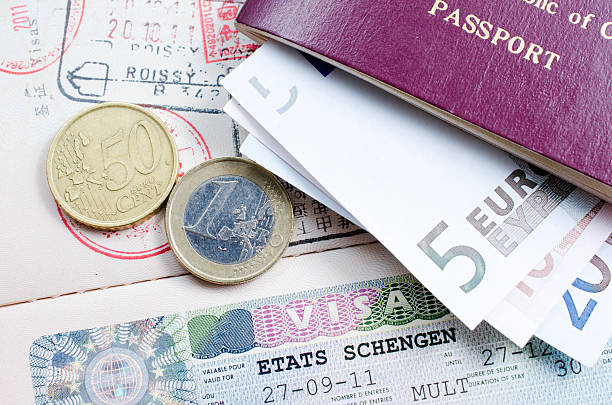 schengen visa schengen visa and EU coins schengen agreement stock pictures, royalty-free photos & images