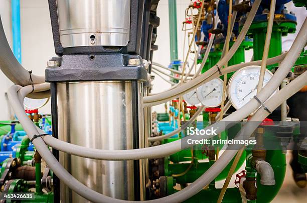 Water Pumping Station And Industrial Interior Pipes Stock Photo - Download Image Now