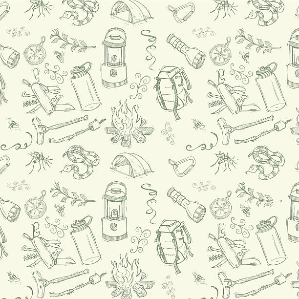 Camping Doodle Background Camping Doodle Background. Pen and ink doodles of camping items. Color changes a snap. Check out my "Doodles" light box for more. camping patterns stock illustrations