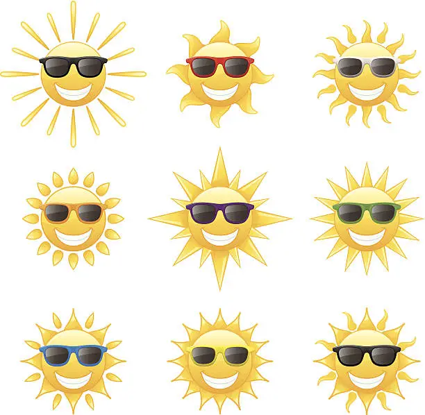 Vector illustration of Happy Smiling Radiant Yellow Summer Sun Wearing Sunglasses Vector Illustration