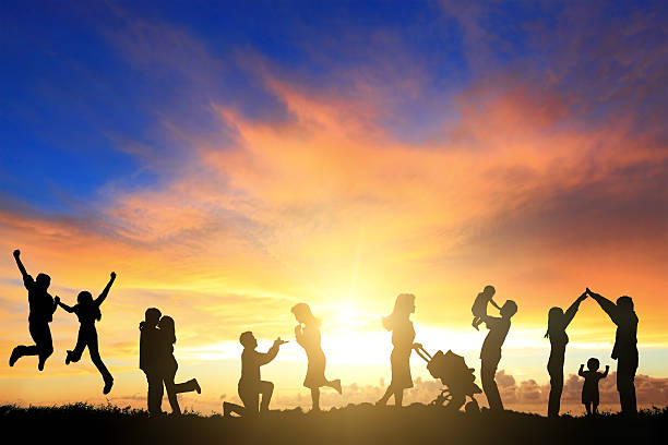 silhouette of family silhouette of family on the grass with sunshine bride hugging father on wedding day stock pictures, royalty-free photos & images