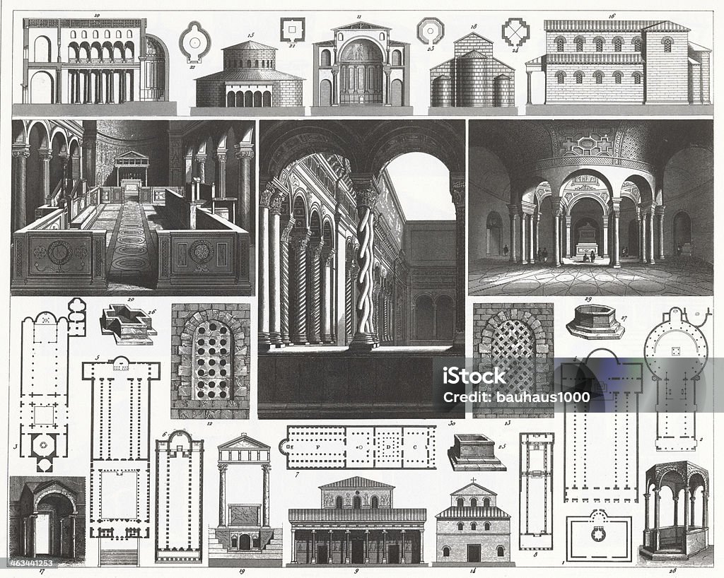 Engraving: Christian Architecture Engraved illustrations of Early Christian Architecture from Iconographic Encyclopedia of Science, Literature and Art, Published in 1851. Copyright has expired on this artwork. Digitally restored. Architectural Column stock illustration