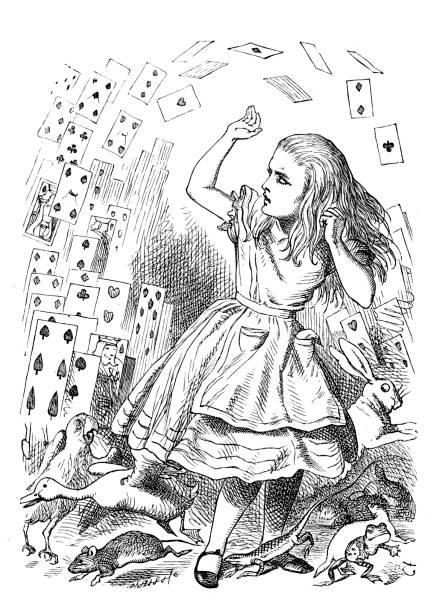 Alice in Wonderland Vintage engraving of a scene from Alice in Wonderland - Alice's Evidence john tenniel stock illustrations