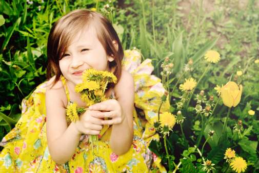 Little girl with dandelions sitting on the grass