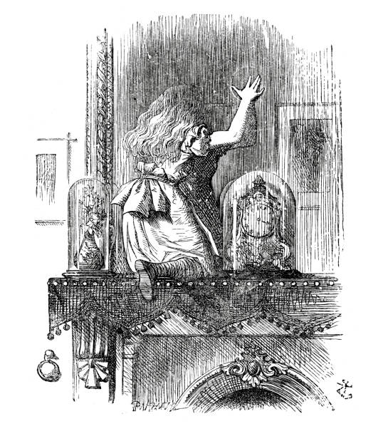 Alice through the looking glass Vintage engraving of a scene from Alice through the looking glass - Alice climbing through the mirror john tenniel stock illustrations