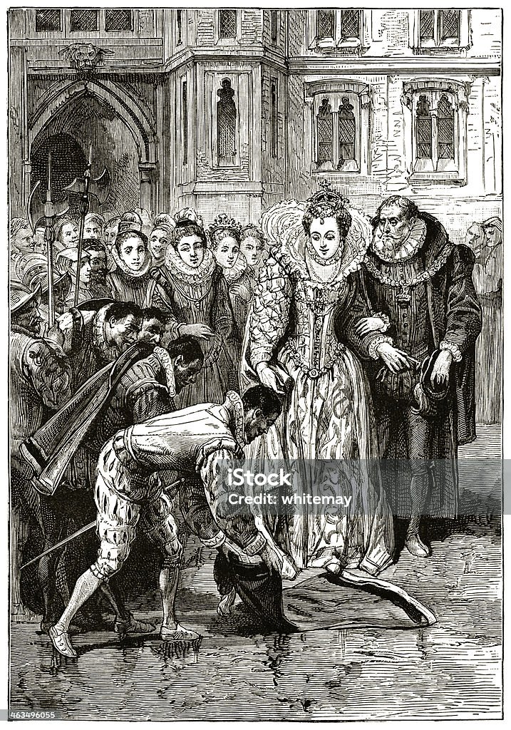 Walter Raleigh, reina isabel I y un manto - Ilustración de stock de 1880-1889 libre de derechos