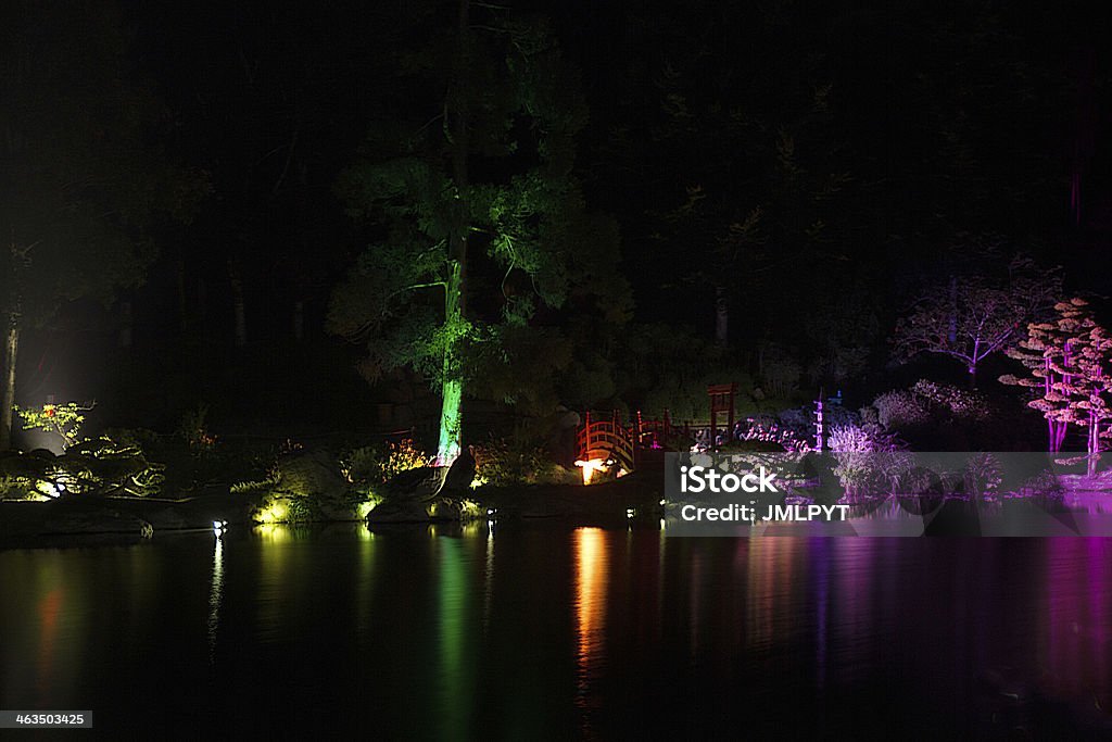 Multicolored lights in oriental park Reflections of multicolored lights on a lake in an oriental garden, we can very well see the typically Japanese bridge. Architecture Stock Photo