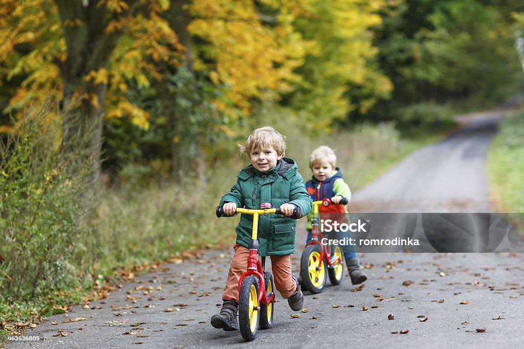 Two little siblings having fun on bikes in autumn forest. Two little siblings having fun on bikes in autumn forest. Selective focus on boy. Child Stock Photo
