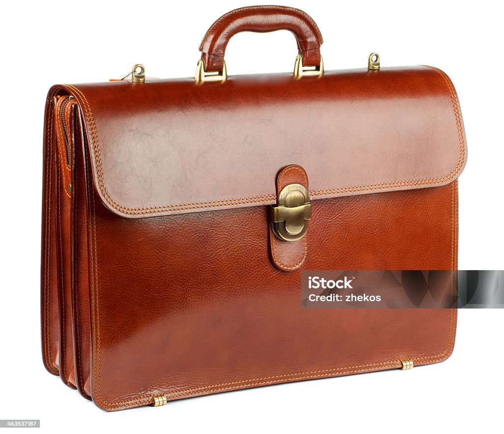 Photograph of brown leather briefcase Ginger Leather Briefcase with Gold Details isolated on white background Briefcase Stock Photo