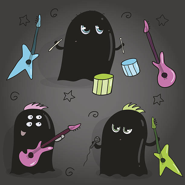 Rock band of cute black aliens Rock band of cute black aliens hair band stock illustrations