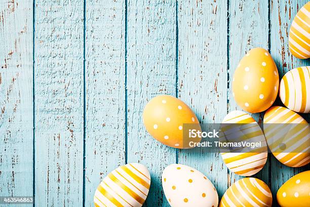 Easter Eggs On Old Blue Wood Season Background Stock Photo - Download Image Now - Animal Egg, Blue, Contrasts