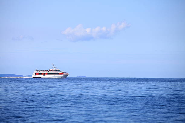 A bright red cargo ship in the Øresund Strait between Sweden and Denmark with the misty coastline of Sweden in the distance. (Image manipulation with added grain.)