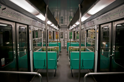 An empty Paris Metro carriage in the early morning