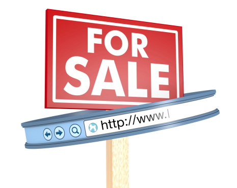 one signboard with text: for sale and a web address bar, concept of selling online (3d render)