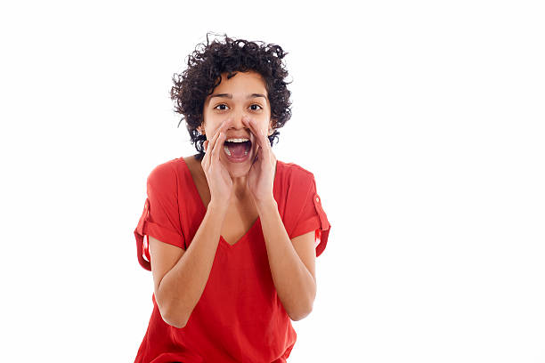 istock Happy hispanic woman yelling at camera 463562797