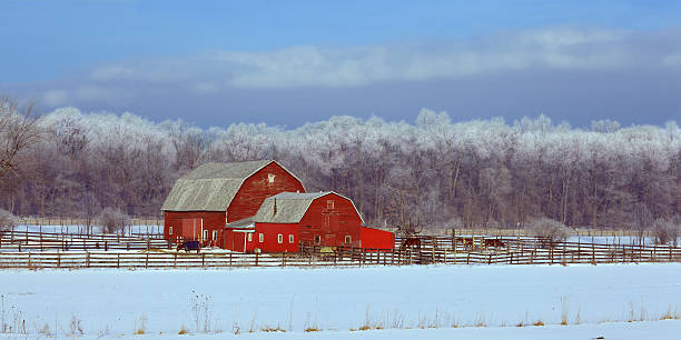 istock Red Barn with a frosted snowy background 463576121