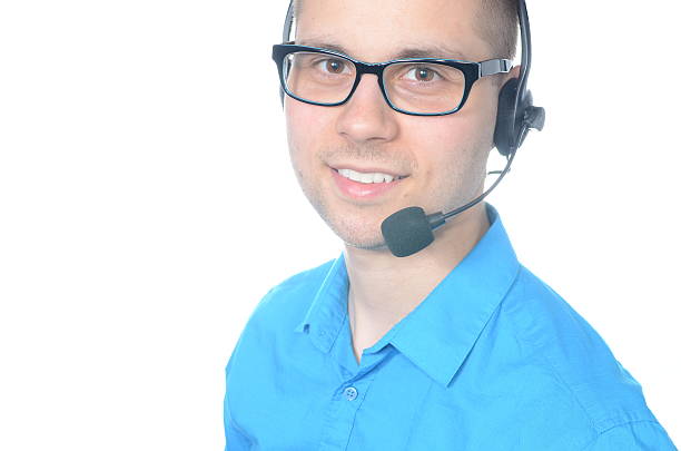 istock Young male call center operator in suit 463577825