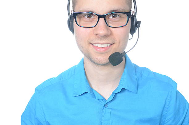 istock Young male call center operator in suit 463577837