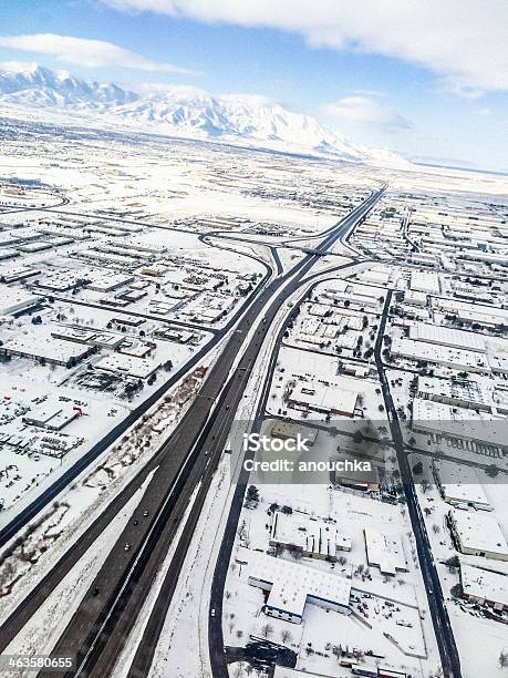 Aerial View On Salt Lake City Under Snow Stock Photo - Download Image Now - Salt Lake City International Airport, Aerial View, Airplane