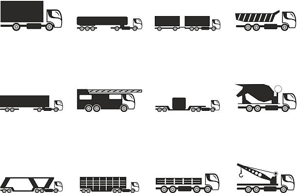 ilustrações, clipart, desenhos animados e ícones de silhueta de diferentes tipos de caminhões e veículos pesados ícones - truck semi truck silhouette vector