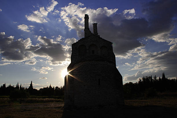 Medieval church among sunshine stock photo