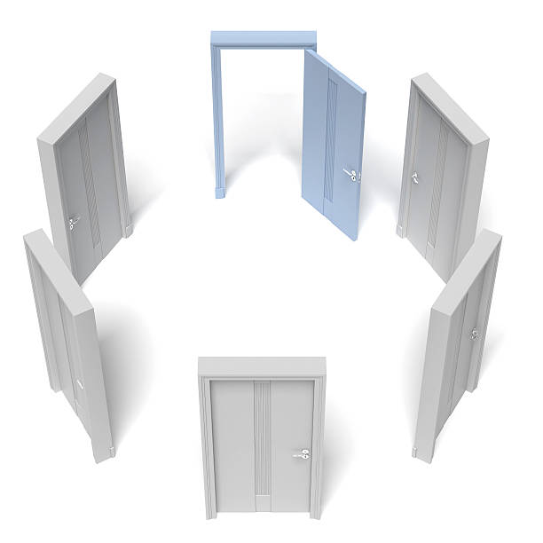 istock circle of closed doors and one opened 463608731