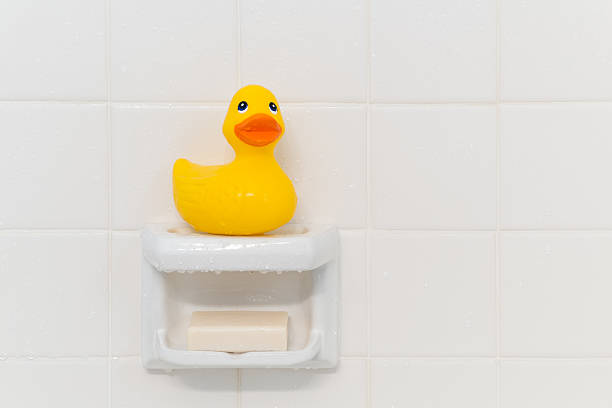 pato de goma en la ducha - jabonera fotografías e imágenes de stock