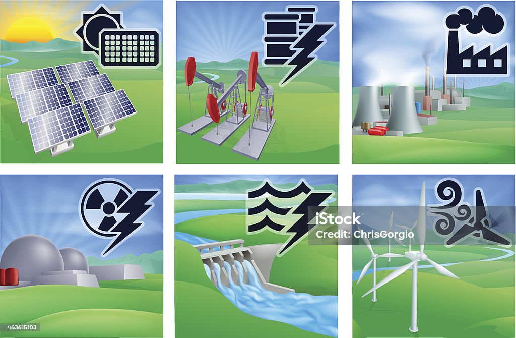 Power and Energy Icons Different types of power or energy generation with icons. Photovoltaic cells solar renewable, oil well pumpjacks, fossil fuel power plant with cooling towers, nuclear,  hydroelectric water dam sustainable and wing turbine wind farm alternative Wind Power stock vector