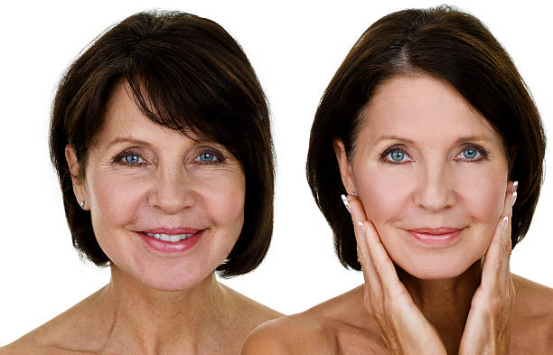 avant et après - human skin aging process beautiful hygiene photos et images de collection