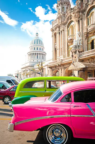 Retro cars parked near Gran Teatro and el Capitolio in the center of La Havana, Cuba