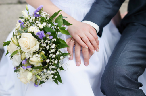 Bride and groom's hands with wedding rings