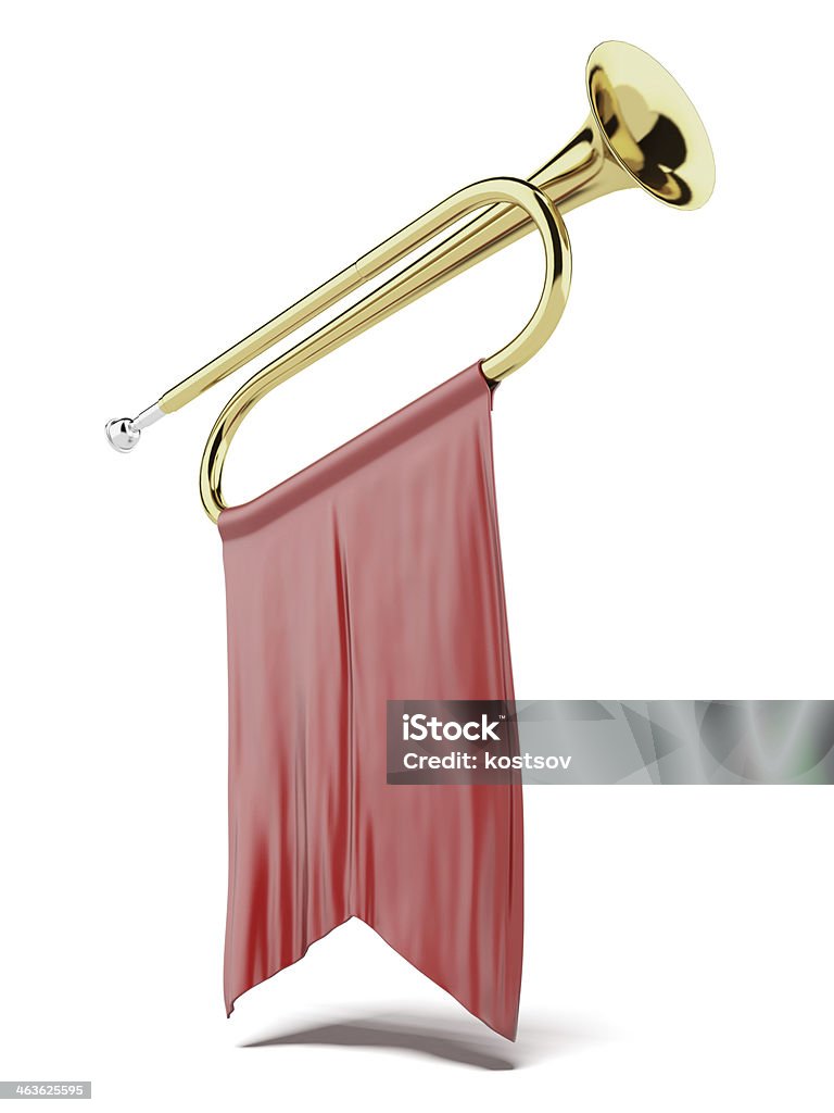 trumpet with a red flag trumpet with a red flag isolated on a white background. 3d render Brass Stock Photo