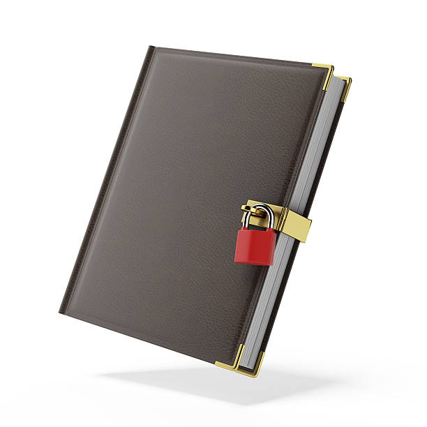 book in leather cover and padlock book in leather cover and padlock isolated on a white background. 3d render diary lock book cover book stock pictures, royalty-free photos & images