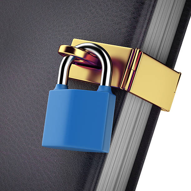 close-up of book with padlock close-up of book with padlock isolated on a white background. 3d render diary lock book cover book stock pictures, royalty-free photos & images