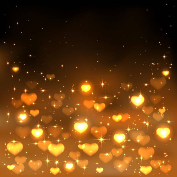 Blurry hearts on dark background Orange background with shiny blurry hearts and stars, illustration. glow in the dark hearts background stock illustrations