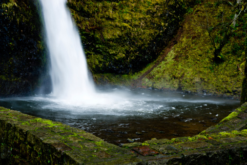 Horsetail Falls and splash pool, moss-covered