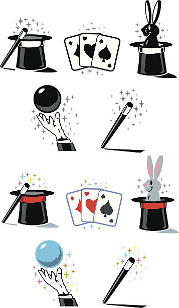 płaski ikony magik - magician magic trick hat magic wand stock illustrations
