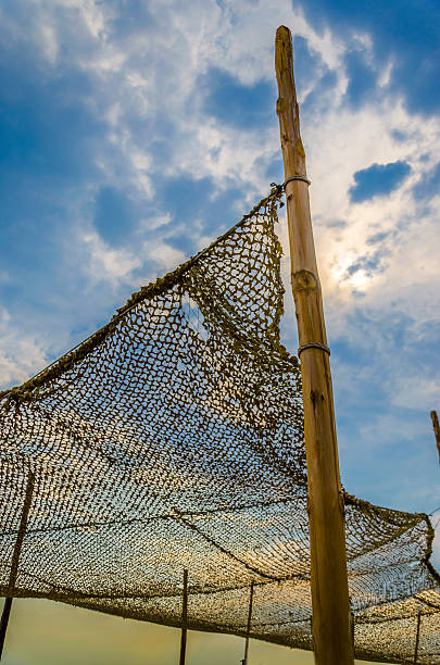 o cânhamo rede de pesca contra o céu azul - fishing net commercial fishing net netting isolated - fotografias e filmes do acervo