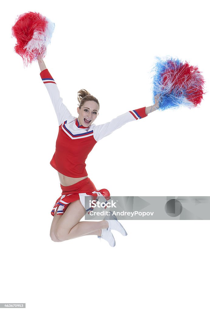 Animadora de torcida jovem feliz pulando com Pom poms - Foto de stock de Adulto royalty-free