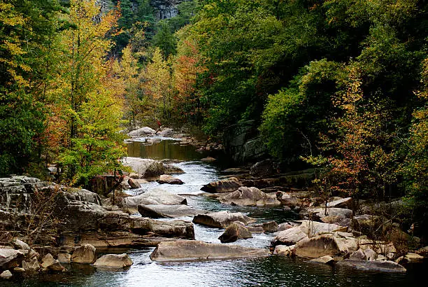 This photo was taken at Tallulah Gorge State Park in Georgia during the beginning of Fall as leaves begin changing.