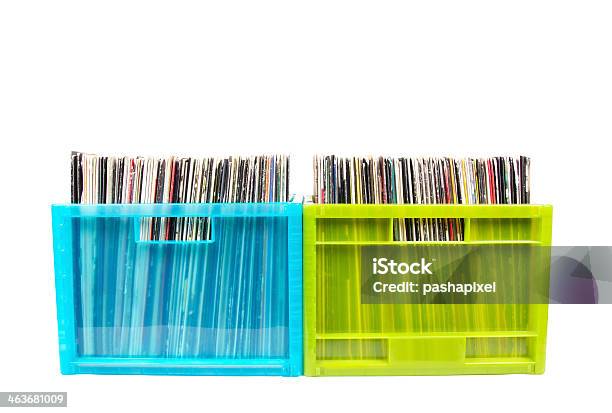 Old Dj Records Collection In Plastic Boxes Stock Photo - Download Image Now - Abstract, Close-up, Collection