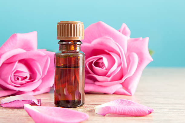 istock Bottle with aromatic oil and pink rose 463685643