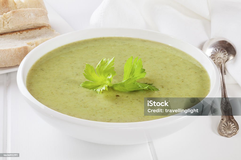 Celery Soup Celery Soup - a bowl of creamy celery soup with a garnish of celery leaves, served with crusty bread. Backgrounds Stock Photo