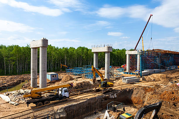 Road construction Transport interchange construction in Moscow, Russia bridge built structure stock pictures, royalty-free photos & images