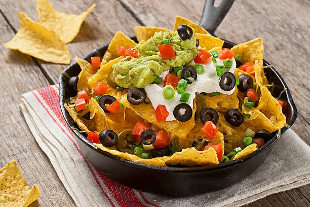 Nachos with cheddar cheese, green onions, jalapenos, tomatoes, black olives, guacamole, and sour cream.