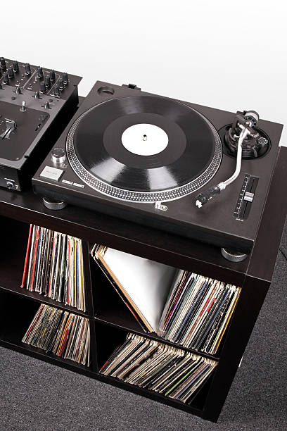 istock Turntable and Dj mixer on black table 463730459