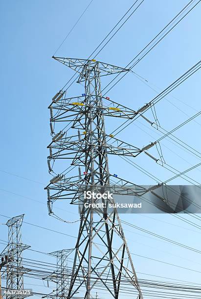 High Voltage Pole In The Morning Stock Photo - Download Image Now - Architectural Column, Balance, Blue