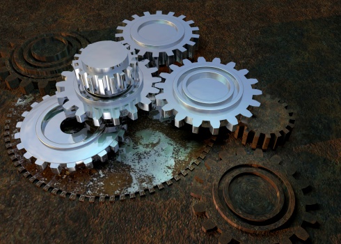 Close up 3D set of shiny and rusty machine gears